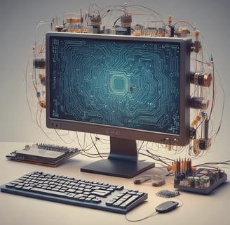 A microcontroller development board, breadboard, and various electronic components are arranged on a surface. Wires connect the components, indicating a circuit setup. The setting is clean with a focus on electronics and hardware prototyping.