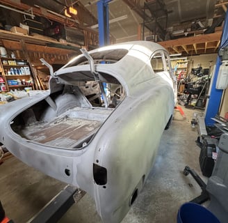 1951 Chevy fresh out of blasting. Trunk floor is going to be cut out.