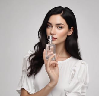 A person in a sleeveless black dress holds a bottle of Prada perfume. The individual wears a gold watch and a delicate chain necklace with a cross pendant. The background is neutral with soft lighting, focusing attention on the person and the perfume bottle.