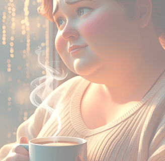 A chubby woman looking thoughtful but determined, maybe looking out a window with a mug