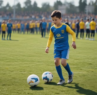 A young boy is playing soccer on a grassy field, dressed in a blue soccer uniform. He is in mid-kick, focused on the yellow and black soccer ball in front of him. Several other children wearing soccer uniforms are in the background, some standing and some playing. Adults are also present, possibly supervising the activity. There is a mix of bright and shadowed areas in the setting.