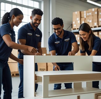 a group of people standing around a table