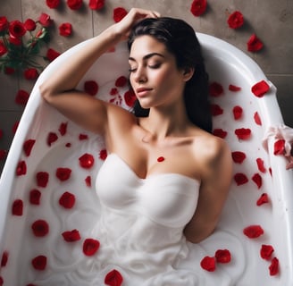A person is lounging in a milky bath adorned with red rose petals and cinnamon sticks. The individual is wearing black lace lingerie with a red ribbon tied around the waist. The mood is serene and intimate, with soft lighting enhancing the calm atmosphere.