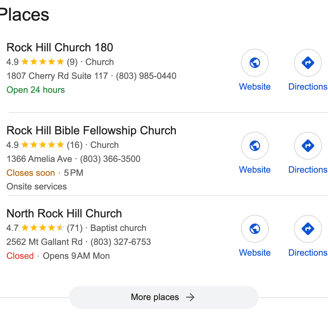 phone screen showing local 3 pack of churches