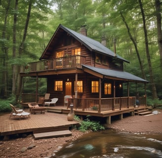 a cabin style cabin with a deck and deck chairs, wedding anniversary, vacation, hot tub, pool