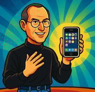 Eine Zeichnung von Steve Jobs, der ein iPhone in der Hand hält