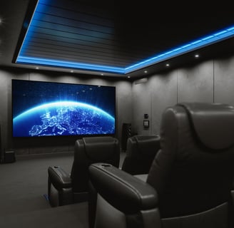 Custom basement home theatre with recliner seating, surround sound, and LED lighting in London, ON.