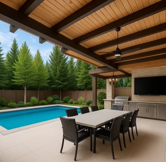 Outdoor patio with pool, dining area, and built-in grill in Byron, London, Ontario.