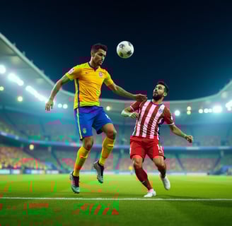 two soccer players are playing soccer in a stadium