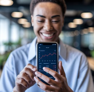um homem de camisa azul está segurando um celular