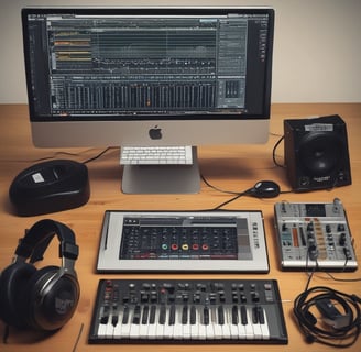 A music production studio setup featuring two computer monitors displaying a digital audio workstation, a laptop with an animated image on the screen, two studio speakers on stands, a MIDI keyboard, and other audio equipment on a curved desk.