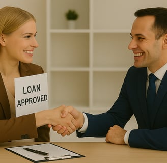 "Fast business funding approved through alternative lending—smiling loan officer and happy client shake hands.