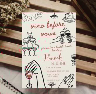Bridal Shower Invitation on theme Vino Before Vows, hand-drawn, in black and red