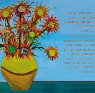 Lumiere du Coeur flyer image with SUnflowers Oil Painting by Yous with invitation text on the right