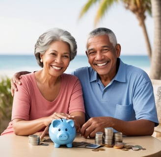 Retired Couple with Piggy Bank and Coins