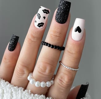 Uñas negro y blanco con purpurina