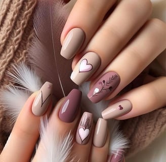 Uñas en tonos tierra con plumas