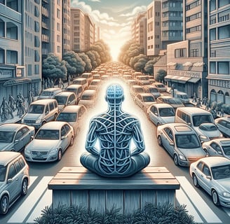 a person sitting on a bench in front of a city street