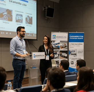 a man and woman standing in front of a presentation
