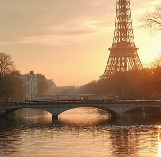 a bridge over a Seine river in Paris with an Eiffel Tower in the background