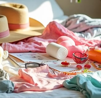 a hat on a bed with several items and clothes getting prepared for being packed for travel