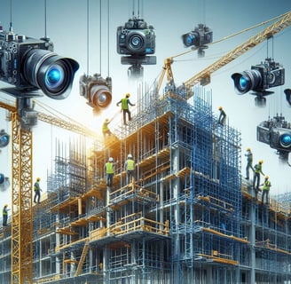 a construction crane with a lot of cameras around it