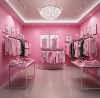 A modern clothing store with glass walls displaying a variety of garments on racks. There are mannequins positioned near the entrance dressed in different outfits. The store has bright lighting and a spacious tiled floor.