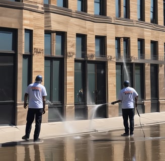 A row of yellow rental bicycles is lined up neatly on a paved area in front of a modern building with large glass windows. Next to them are two electric scooters, one teal and one red, positioned upright. Large stone blocks are scattered nearby, and the building windows reflect parts of the surrounding urban environment.