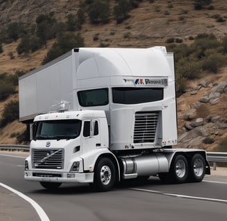 A small, orange three-wheeled vehicle is parked on a stone-paved area near a body of water. The vehicle is loaded with several large packages wrapped in blue and white paper. A brick and concrete barrier separates the vehicle from the water, and the sky is cloudy with patches of sunlight filtering through.