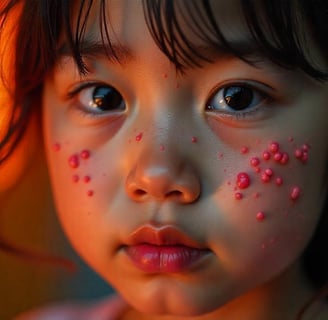 Little girl with red pimple-like skin rash on her cheek, showing early signs of a skin disease.