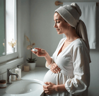 Pregnant woman applying skincare, using safe beauty products