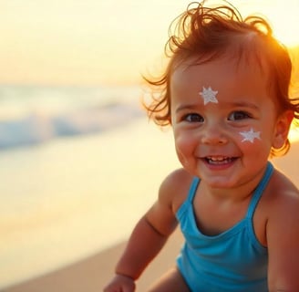 A kid is suffering from vitiligo, sitting on a beach, sun is setting.
