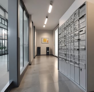 A modern interior space with a long hallway and sleek design. Wooden paneling forms a partition with overhead pendant lights casting a warm glow. The walls and ceiling feature a light wood finish, enhancing the minimalist aesthetic. The floor is made of polished tiles, contributing to the clean and contemporary look.