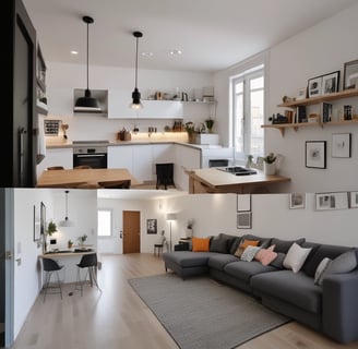 The image features modern architectural design with multiple levels of wooden slatted panels forming a staircase. The interior is spacious with large windows allowing natural light to illuminate the area. The wooden textures create a warm atmosphere, and the open layout presents a clean, minimalist style.