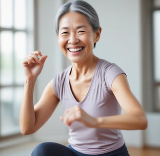 An older adult woman with long gray hair exercises on a large, dark-colored treadmill, dressed in gray activewear and white sneakers.