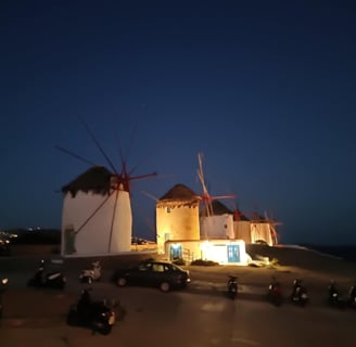 The famous windmills of Mykonos at night