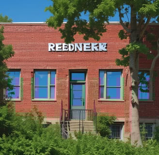A building with the word  prominently displayed on it is framed by green tree leaves. The sky is a clear blue, creating a contrast against the foliage and the building.