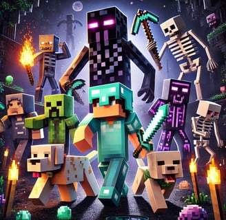 Minecraft battle scene featuring multiple characters fighting against a giant Enderman, skeletons