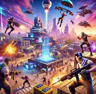 Fortnite battle scene with multiple players engaging in combat in a vibrant open-world environment.