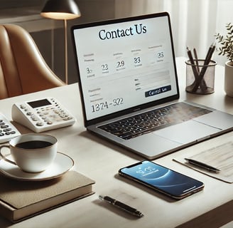 a laptop computer on a desk with a phone and a text Contact Us on the laptop screen