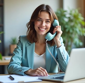 a woman in a blue blazer jacket and a laptop computer on the phone