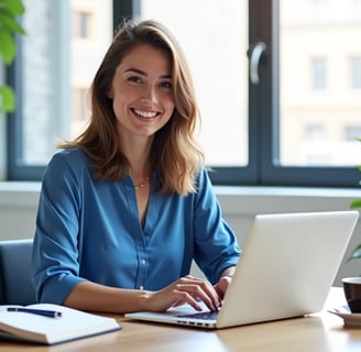 a woman sitting at a desk with a laptop computer