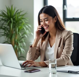 a woman in a suit and smiling while talking on her phone