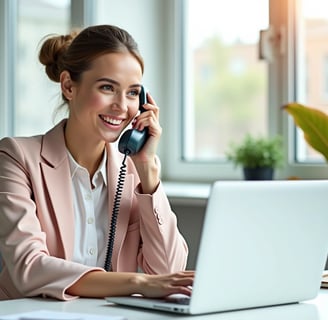 a woman in a pink jacket on a desk with laptop and she is talking on the phone