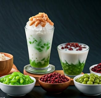 Chendol ice ingredients; coconut milk, red beans, palm sugar, pandan jelly