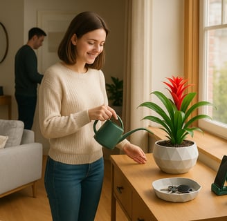 Woman with 3D-printed planter in a modern, cozy living room.