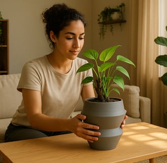 a woman sitting on a couch holding a plant