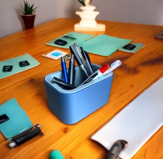 a desk with a pen and pencils on it