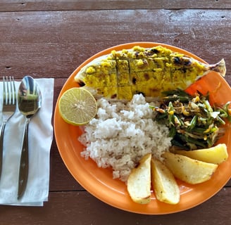 Delicious Indonesian style cuisine at Afulu Surf Resort featuring fish and chicken.