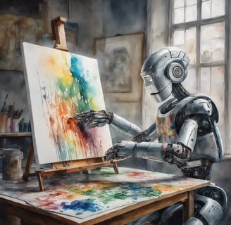 An A.I. Robot doing a watercolour at a table.